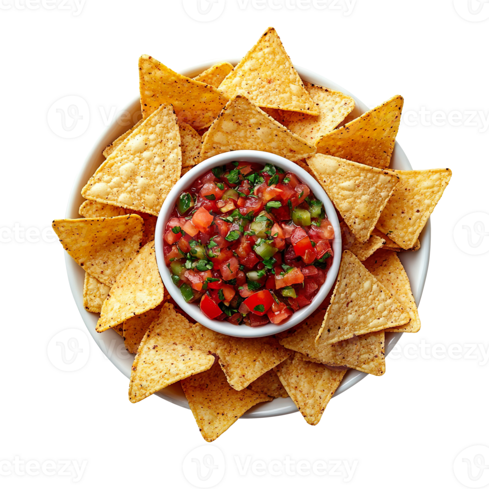 Top view of nachos chips and salsa isolated on transparent background png