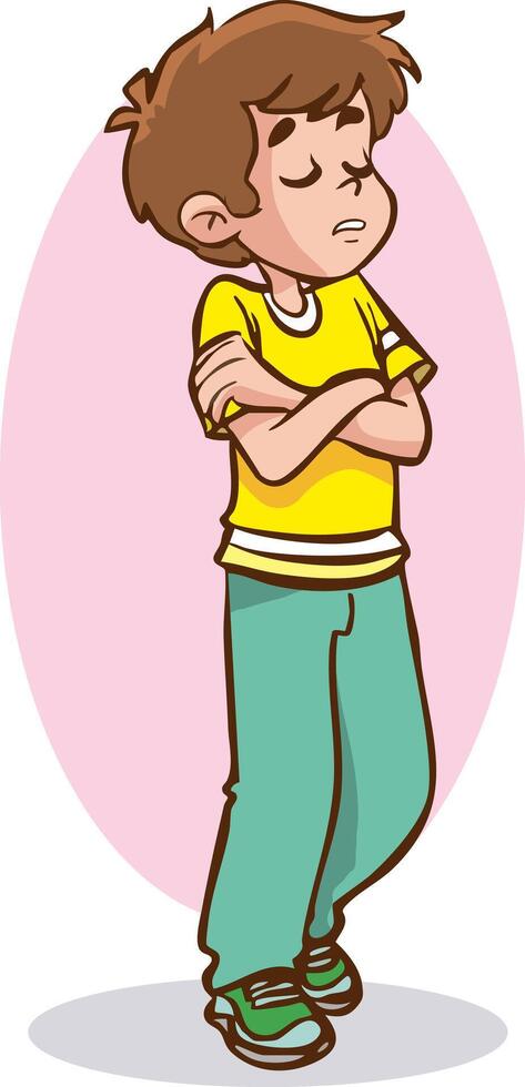 angry little boy standing in a pose with his arms crossed and a frown. Colorful illustration of children's emotion isolated on white background. vector