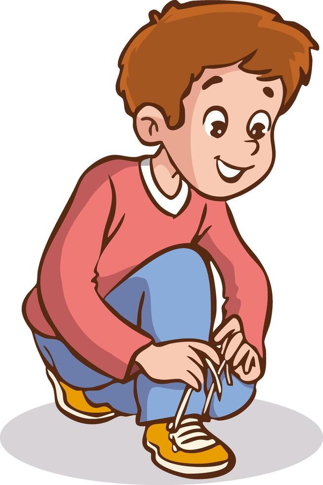Illustration of a Little boy putting shoes on, tying his shoes. vector
