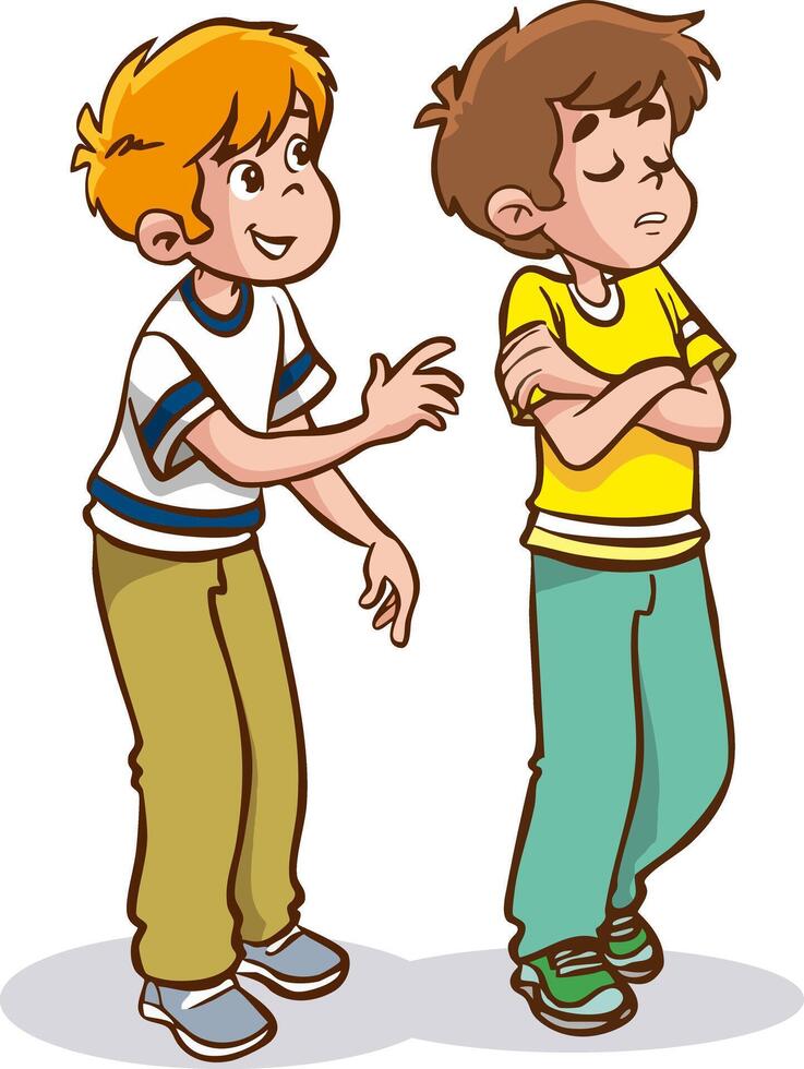 Cartoon angry little boy standing in a pose with his arms crossed and a frown. Colorful illustration of children's emotion isolated on white background. vector