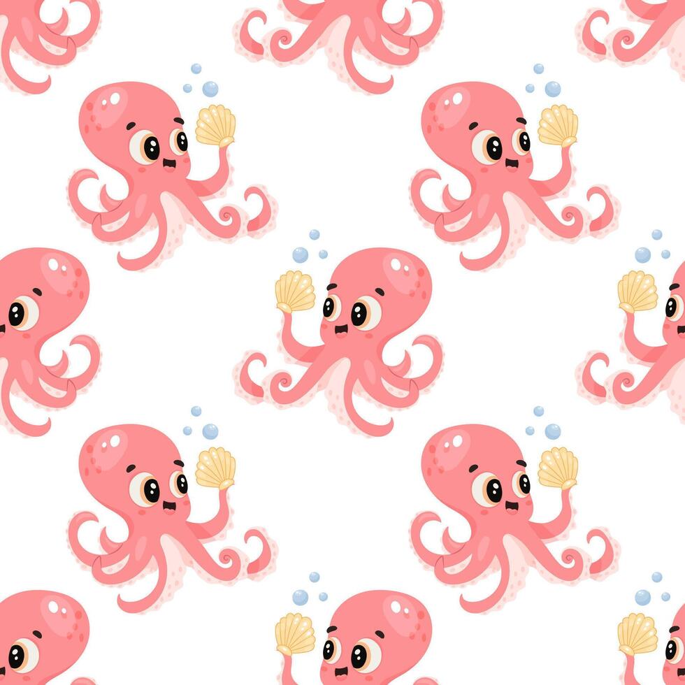 Seamless pattern of smiling pink cartoon octopus holding shell vector