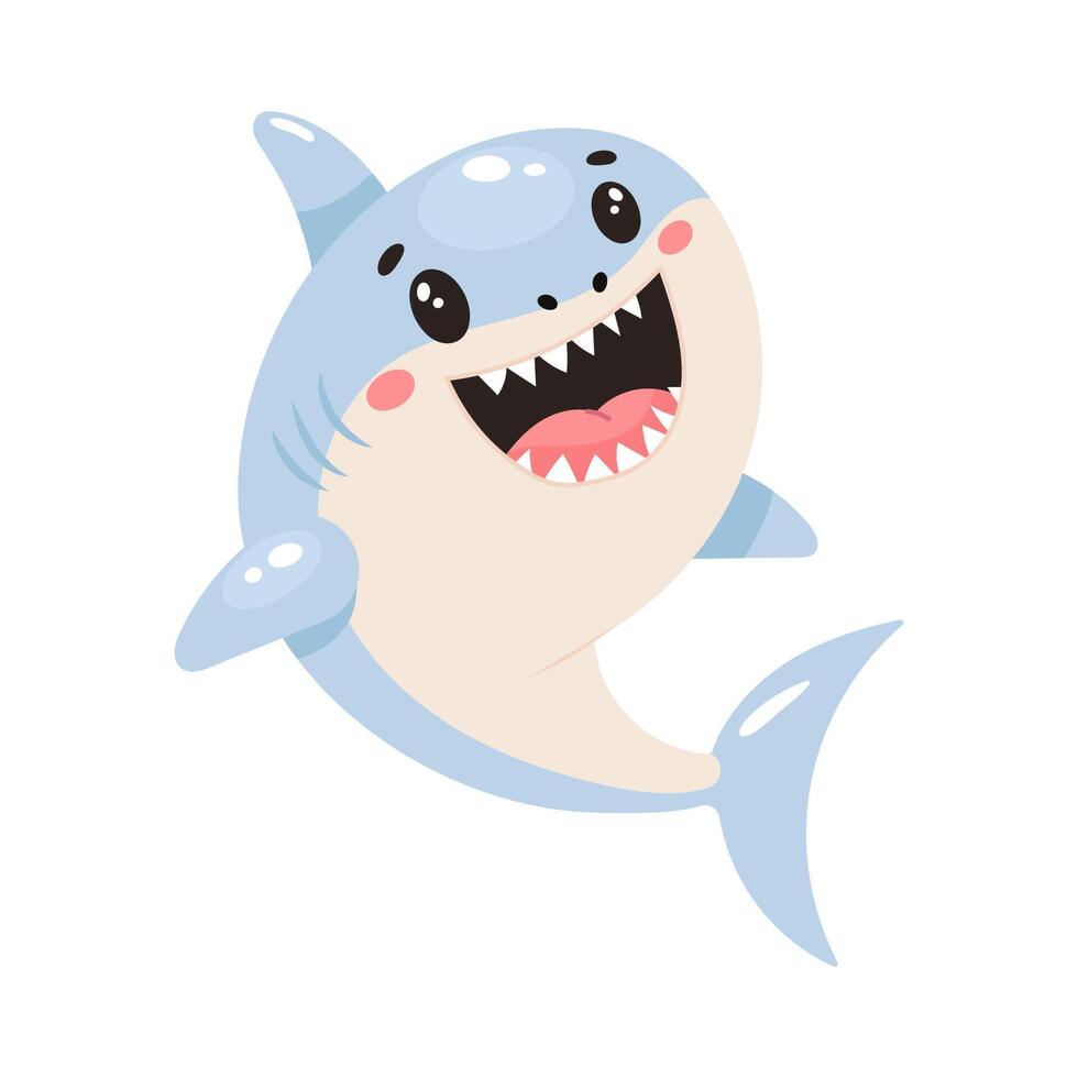 Funny cartoon shark with big smile on white background vector