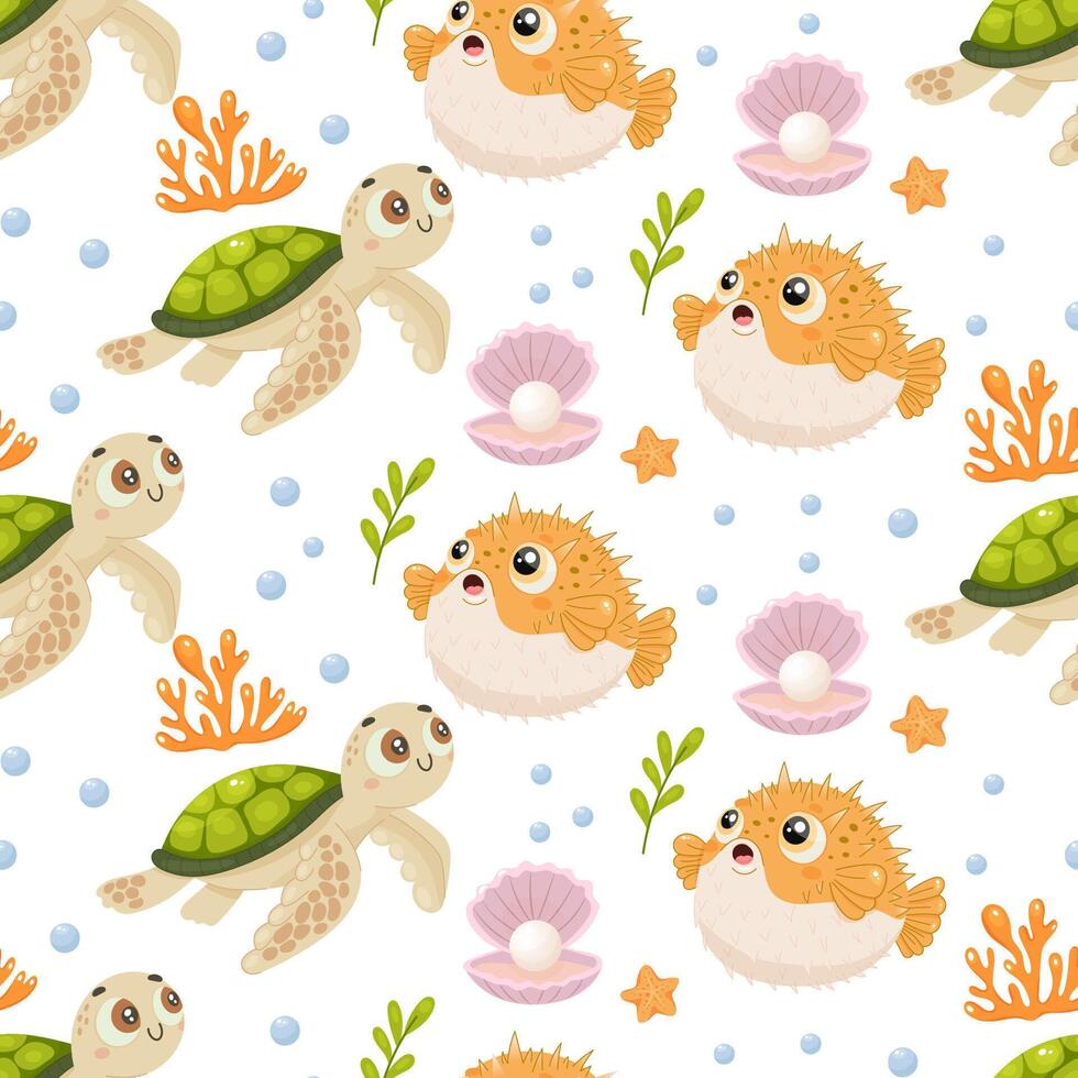 Cartoon turtles and pufferfish underwater seamless repeating pattern vector