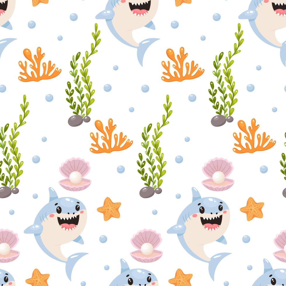 Cartoon shark seamless pattern with seaweed coral and shells vector
