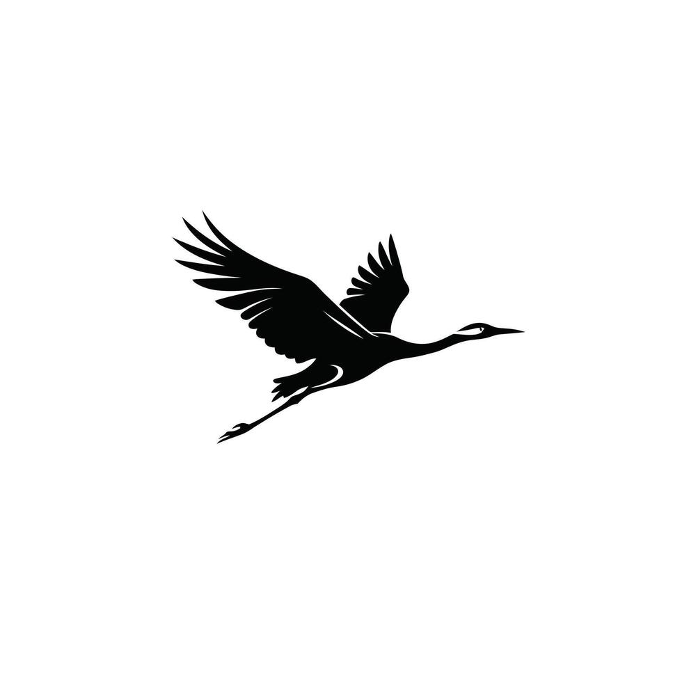 A black and white image of a crane flying vector