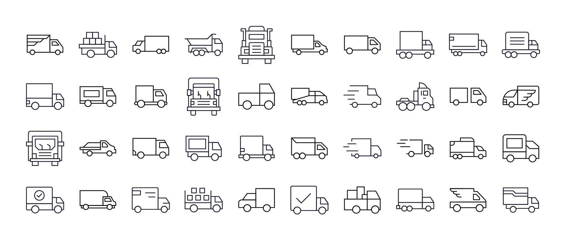 Van and Truck Line Icon Pack. Outline Signs for Graphic and Web Design, Apps, Adverts, Various Cards vector