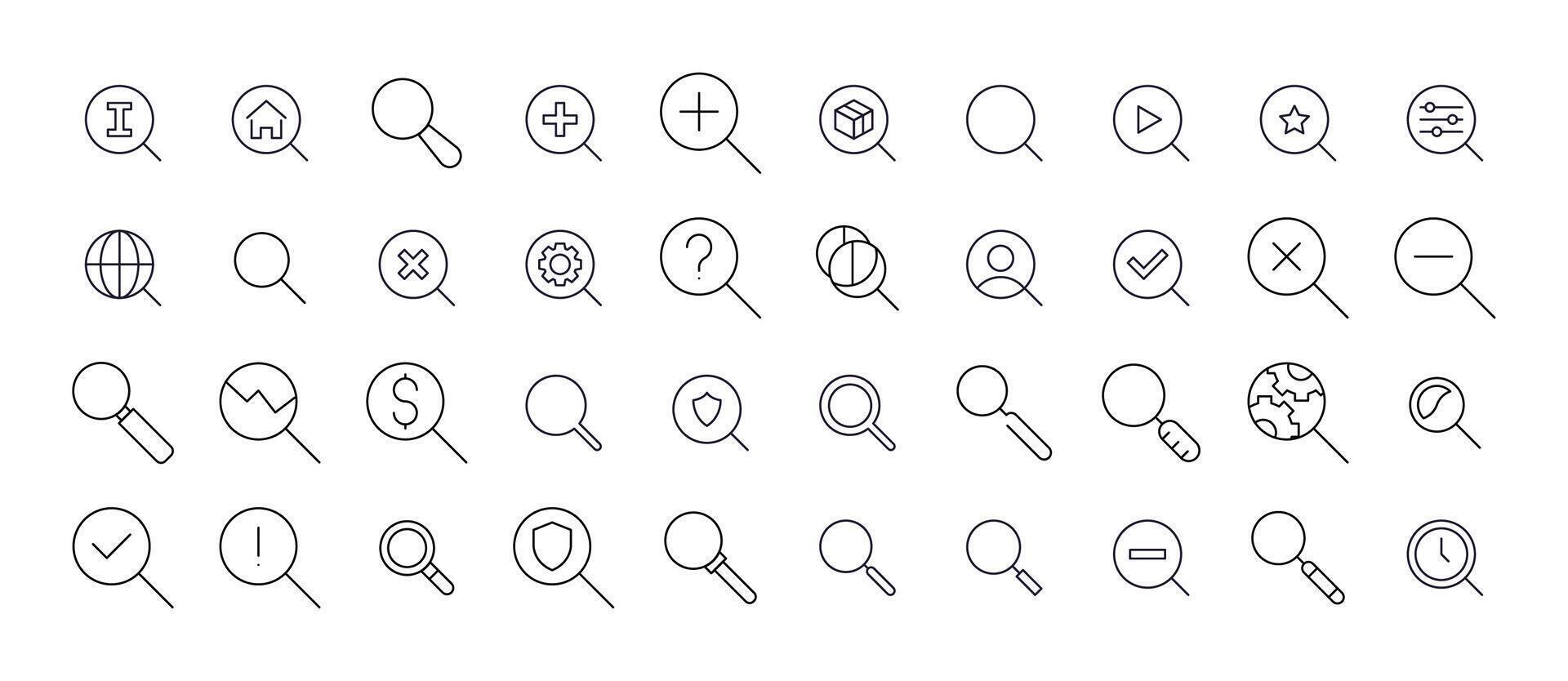 Magnifying Glass Bundle of Related Line Icons. Outline Signs for Graphic and Web Design, Apps, Adverts, Various Cards vector