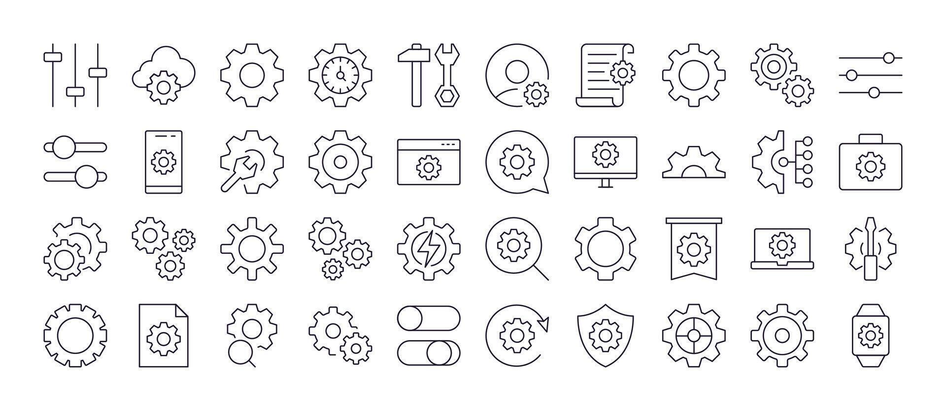 Cogwheel and Gear Outline Simple Linear Image Collection. Editable Stroke. Perfect for Web Sites, Books, Cards, Apps vector