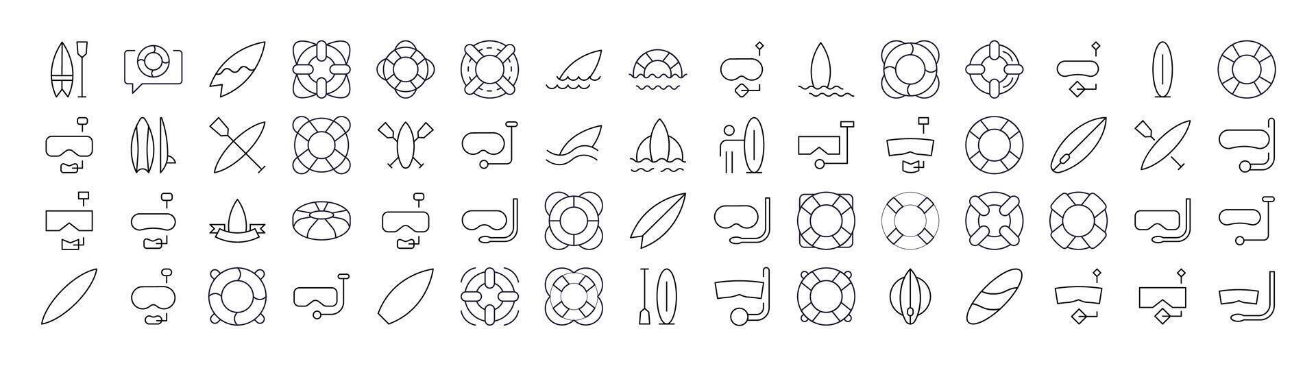 Collection of Line Icons of Surfboard, Lifeline, Diving Mask. Minimalistic Linear Pictogram for Web and Graphic Design, Apps, Banners, Social Network and Cards vector