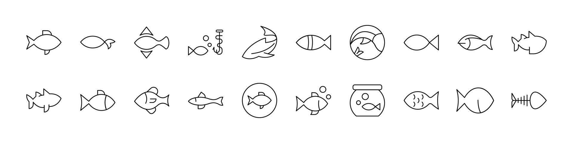 Fish Line Icon Pack. Outline Signs for Graphic and Web Design, Apps, Adverts, Various Cards vector