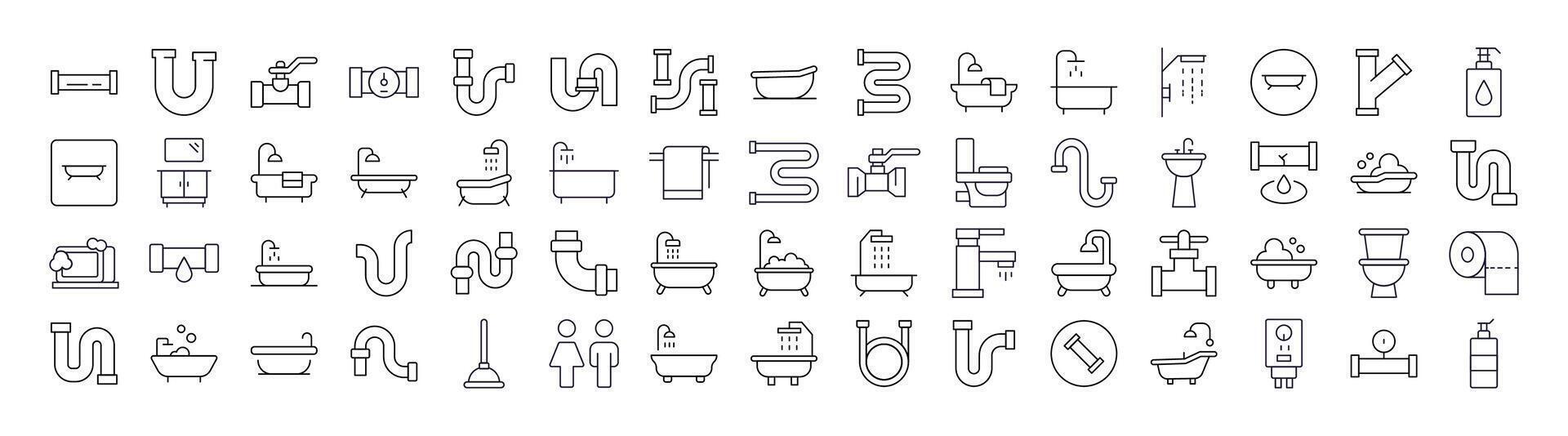 Collection of Line Icons of Faucet, Pipes, Bathroom, Toilet. Minimalistic Linear Pictogram for Web and Graphic Design, Apps, Banners, Social Network and Cards vector