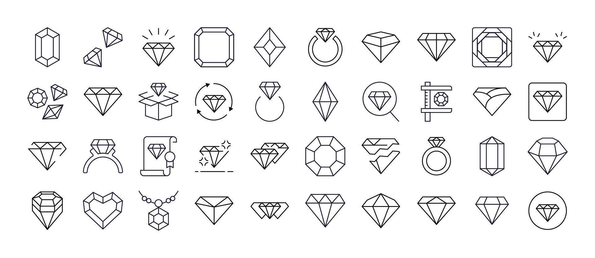 Jewelry Line Icon Bundle. Diamond and Gem Outline Signs for Graphic and Web Design, Apps, Adverts, Various Cards vector