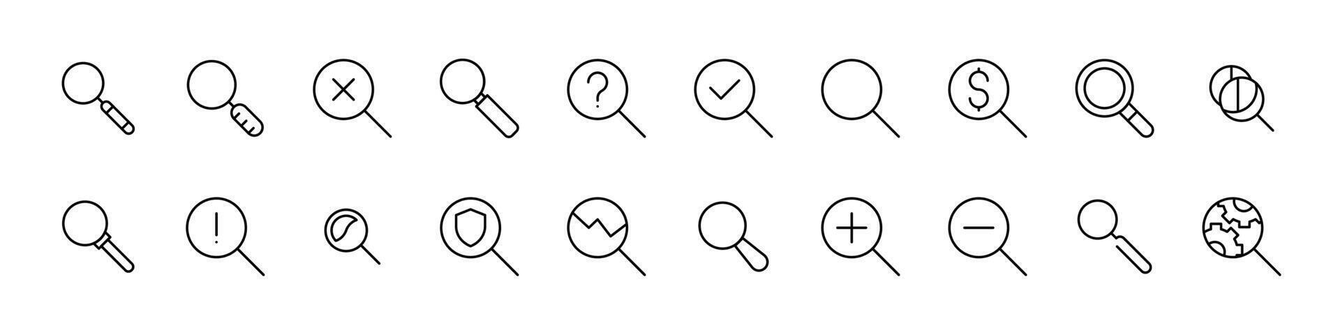 Magnifying Glass Outline Web Line Icons Collection. Minimalistic Linear Pictogram for Web and Graphic Design, Apps, Banners, Social Network and Cards vector