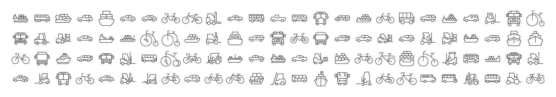 Bus, Ship, Tractor, Bicycle, Car Simple Isolated Line Icons Collection. Editable Stroke. Perfect for Web Sites, Books, Cards, Apps vector