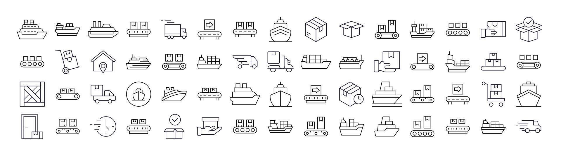 Collection of Delivery and Transportation Related Line Icons. Outline Signs for Graphic and Web Design, Apps, Adverts, Various Cards vector