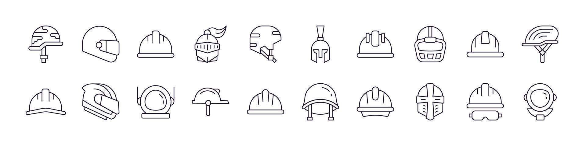 Helmet Line Icon Set. Outline Signs for Graphic and Web Design, Apps, Adverts, Various Cards vector