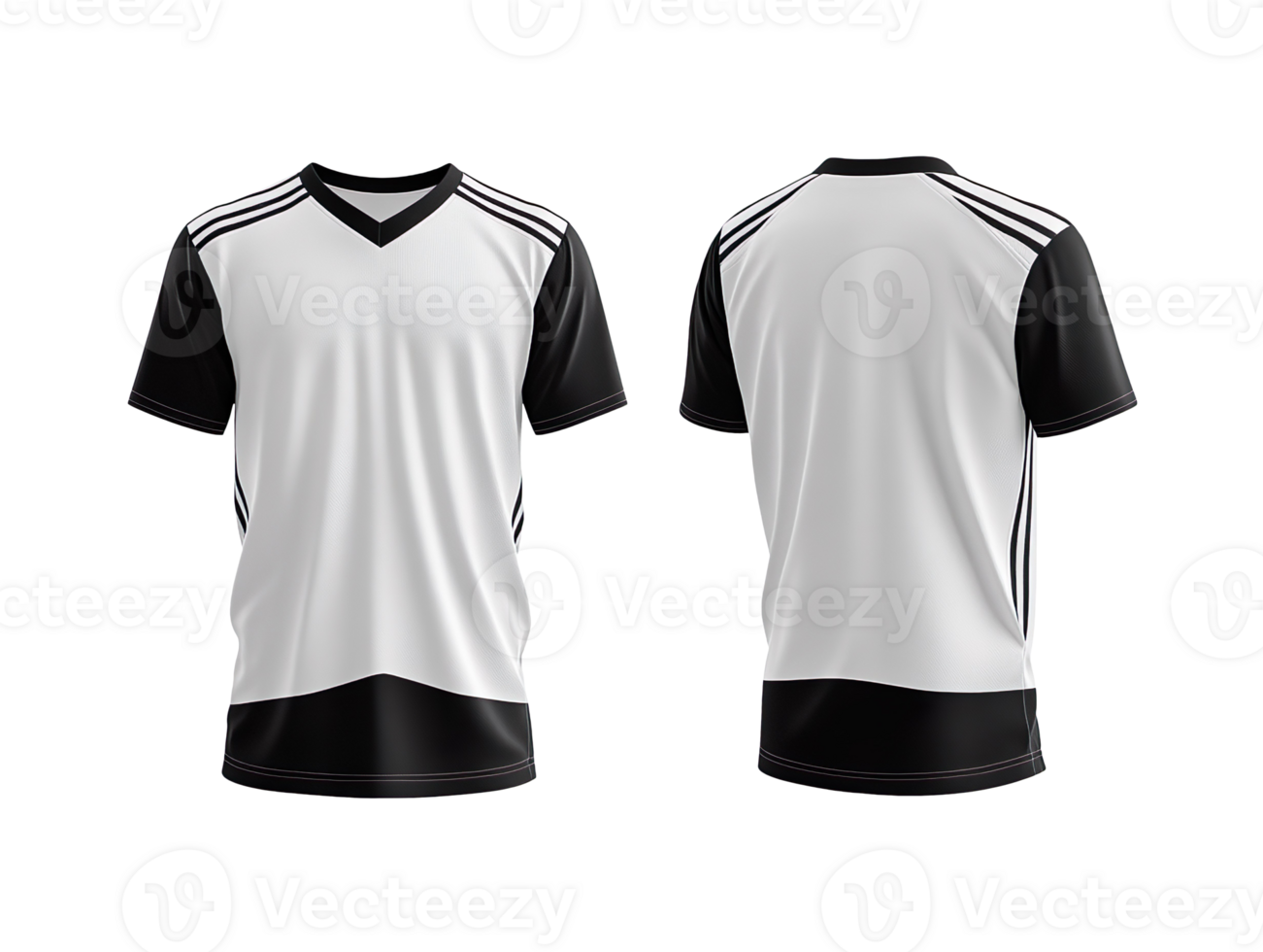 white and black sports jersey mockup, front and back view isolated on transparent background png