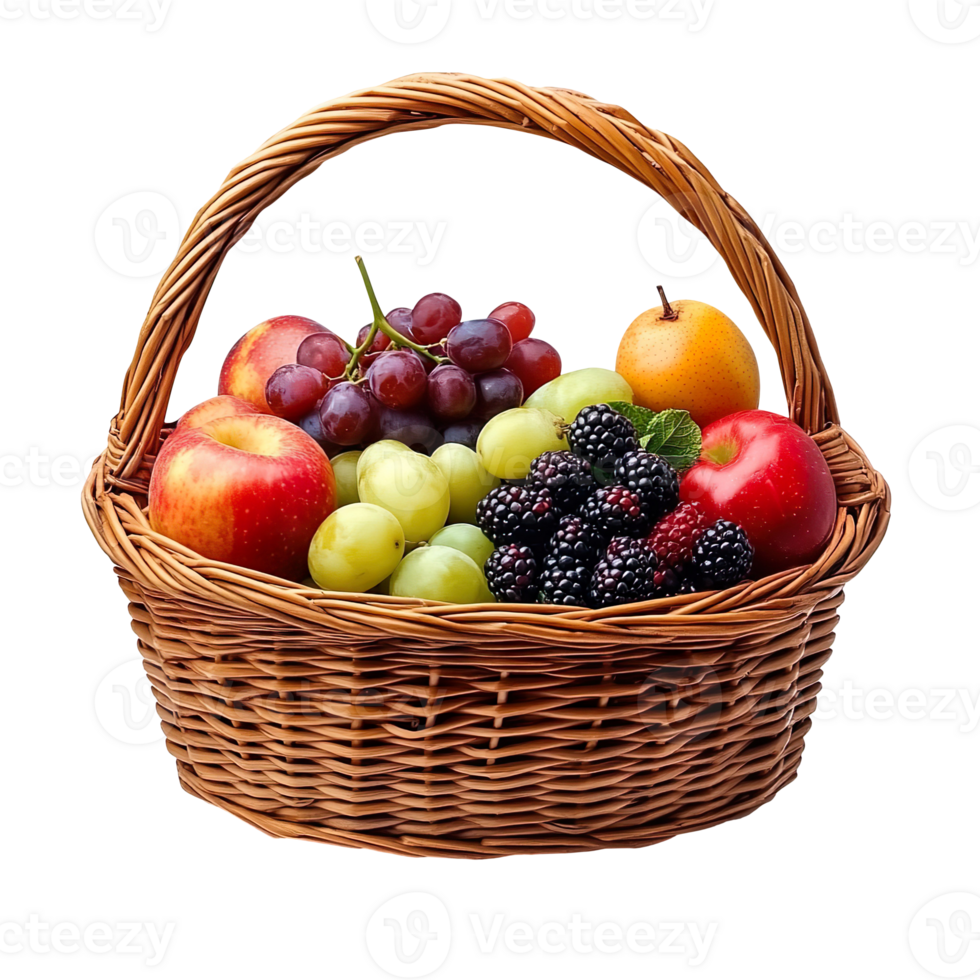 Wicker Basket with Fresh Fruit isolated on transparent background png