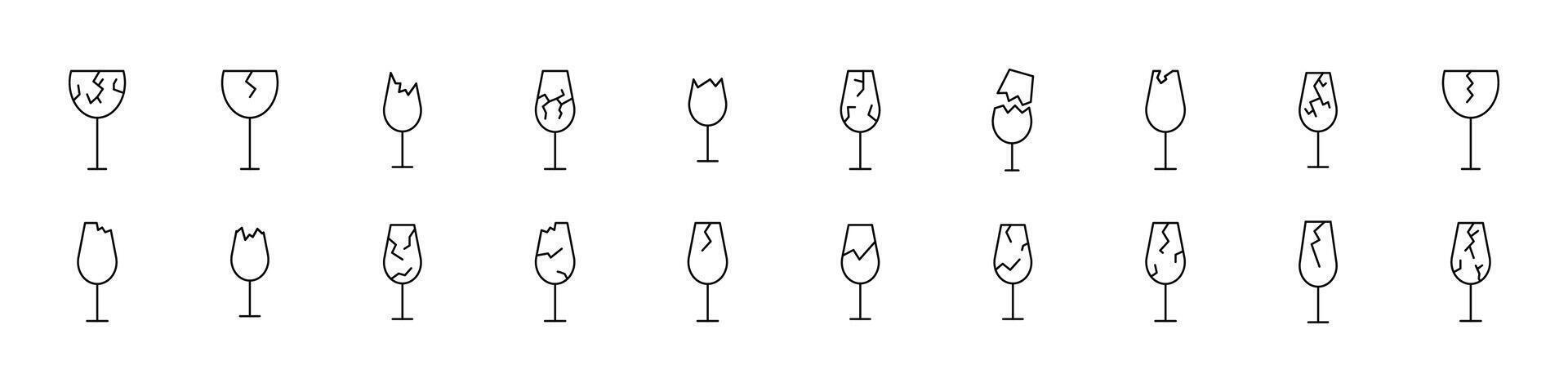Pack of Line Icons of Broken Glass of Wine. Minimalistic Linear Pictogram for Web and Graphic Design, Apps, Banners, Social Network and Cards vector