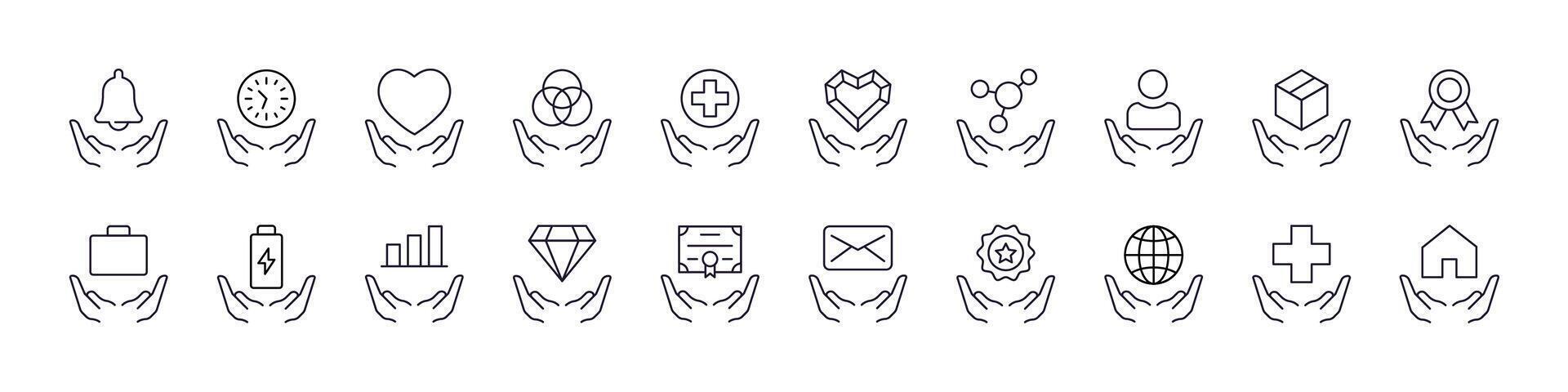 Suitcase, Circles, Heart, Cross on Hand Line Icon Set. Outline Signs for Graphic and Web Design, Apps, Adverts, Various Cards vector