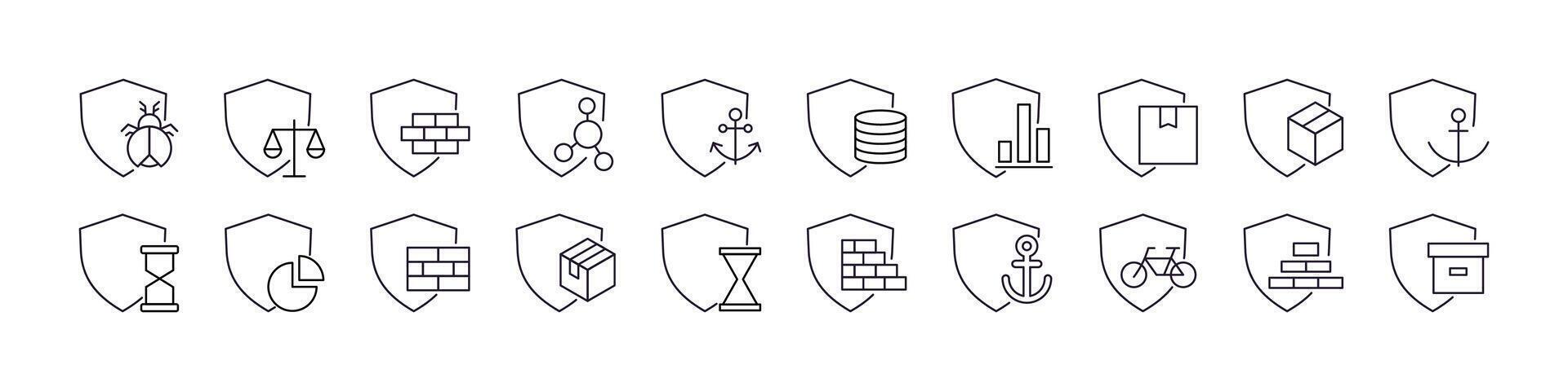 Box, Brick Wall, Anchor by Shield Line Icon Bundle. Outline Signs for Graphic and Web Design, Apps, Adverts, Various Cards vector