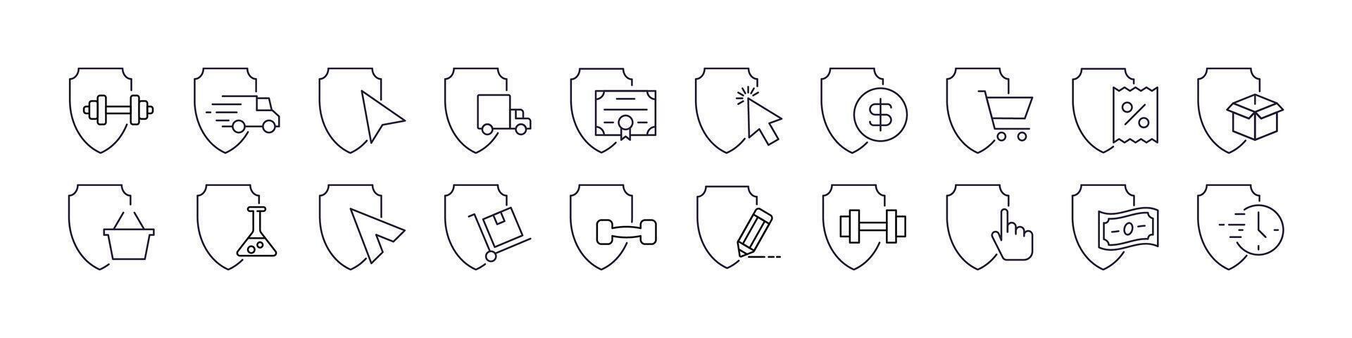 Money, Lab Flaks, Shopping etc by Shield Bundle of Thin Icons. Editable Stroke. Perfect for Web Sites, Books, Cards, Apps vector