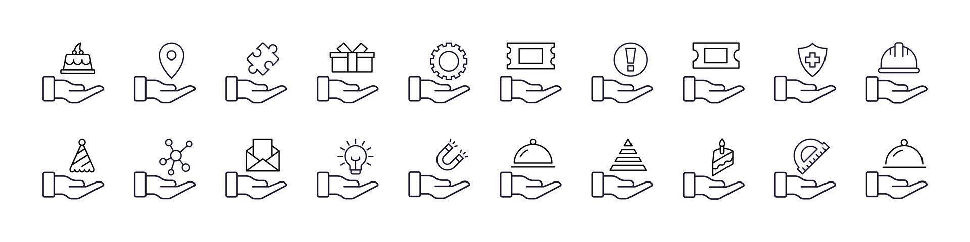 Bundle of Helmet, Food, Mail etc on Hand Related Line Icons. Outline Signs for Graphic and Web Design, Apps, Adverts, Various Cards vector