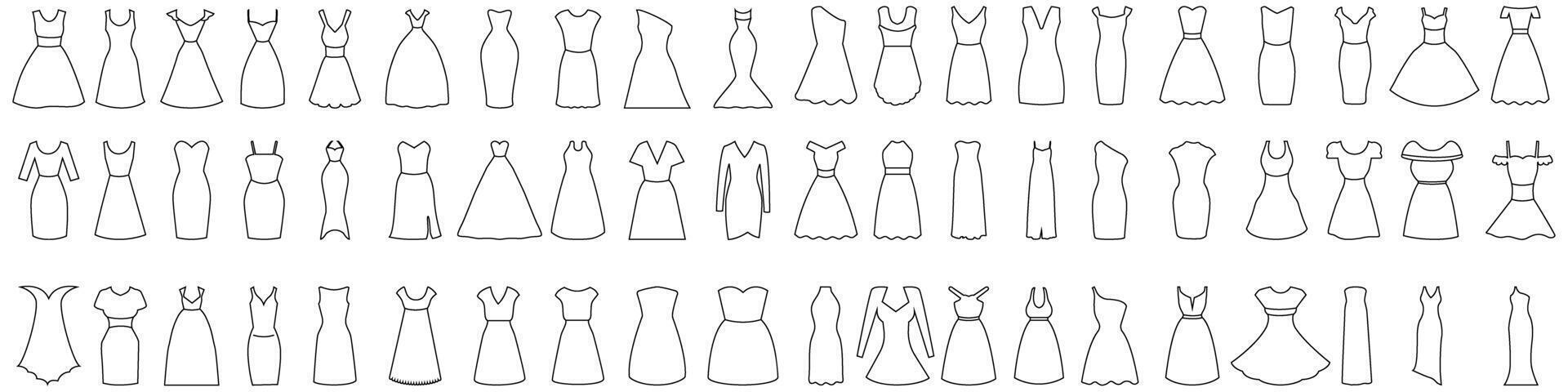 Wedding dress line icons set. Outline illustration of wedding dress icons for web design vector