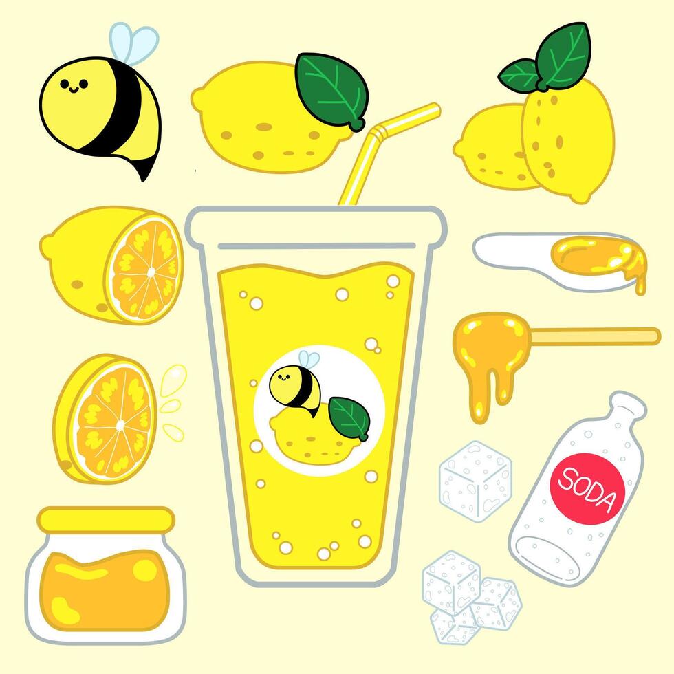 Lemonade Drink with bee cartoon cute Lemon honey soda and ice cubes ingredients summer juice illustration hand drawn vector