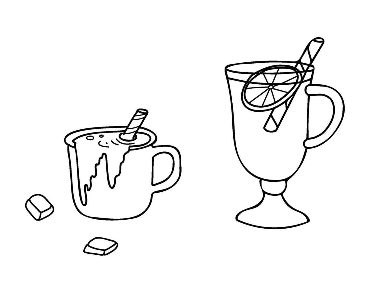 Set of hot autumn or winter Drinks. Mug of hot Chocolate with chocolate bars and Mulled wine glass or gluhwein isolated on a background. Hand drawn illustration in Doodle style. Perfect for vector