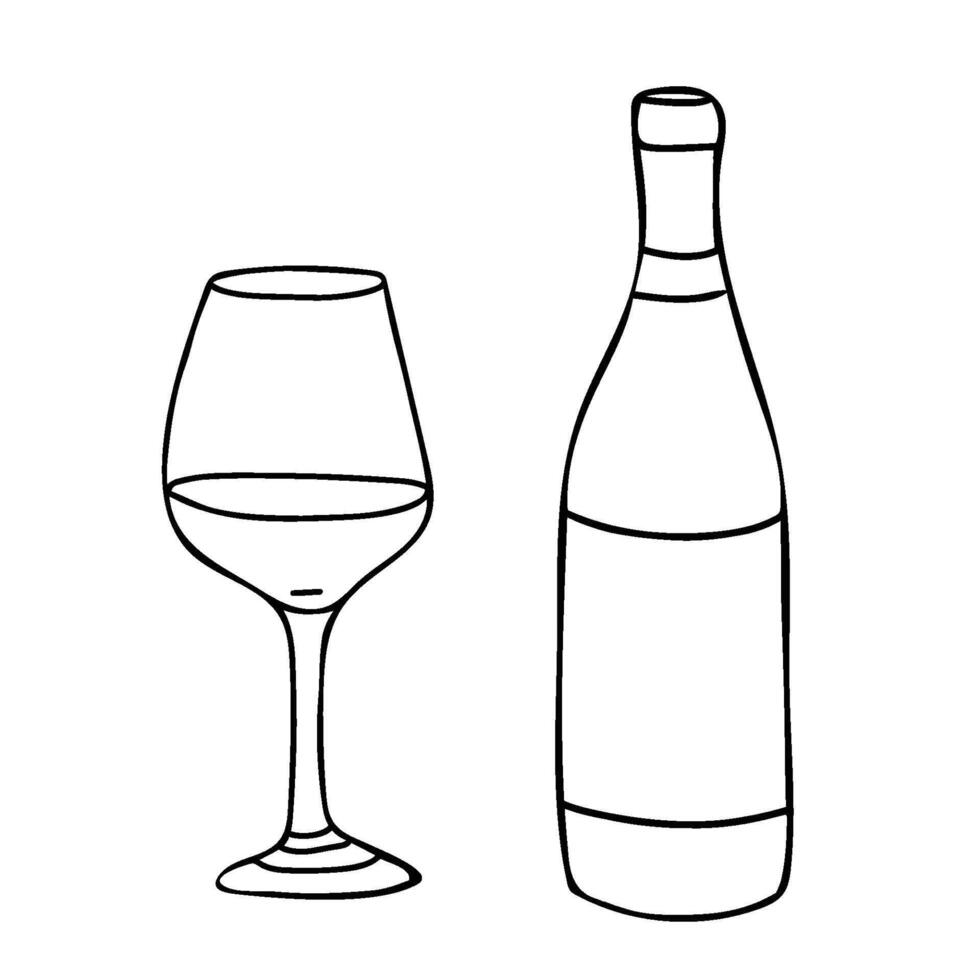 Red Wine Bottle and Glass. Hand drawn Sketch illustration, black and white art. Alcohol Beverage Glassware in Doodle style. For Bar menu, logo, cards or poster design. vector