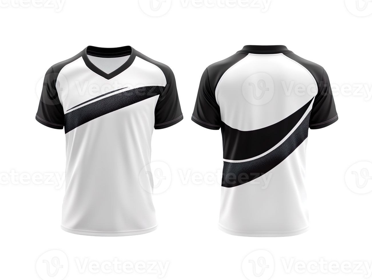 white and black sports jersey mockup, front and back view isolated on a transparent background png