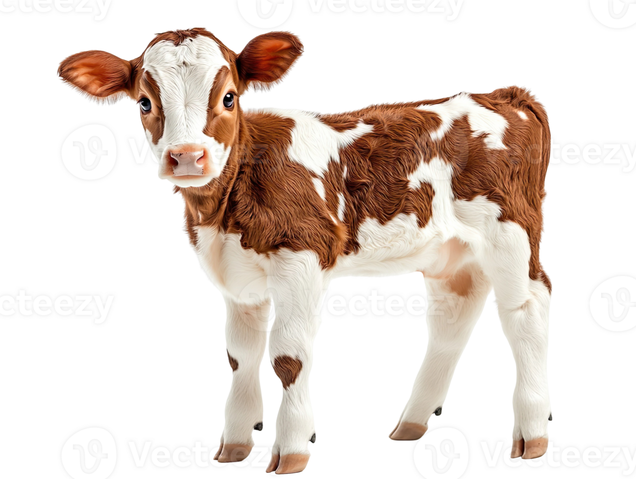 Young brown and white calf standing isolated on transparent background png