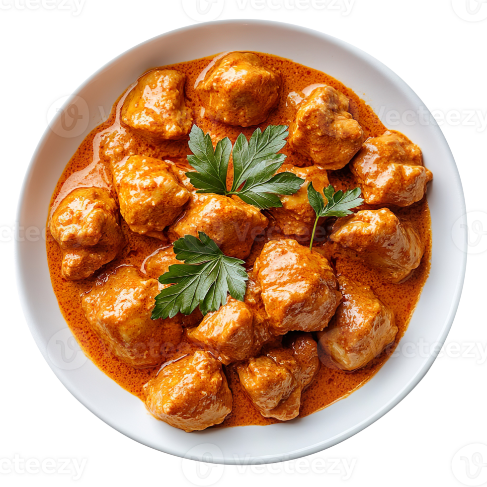 White plate of butter chicken isolated on transparent background png