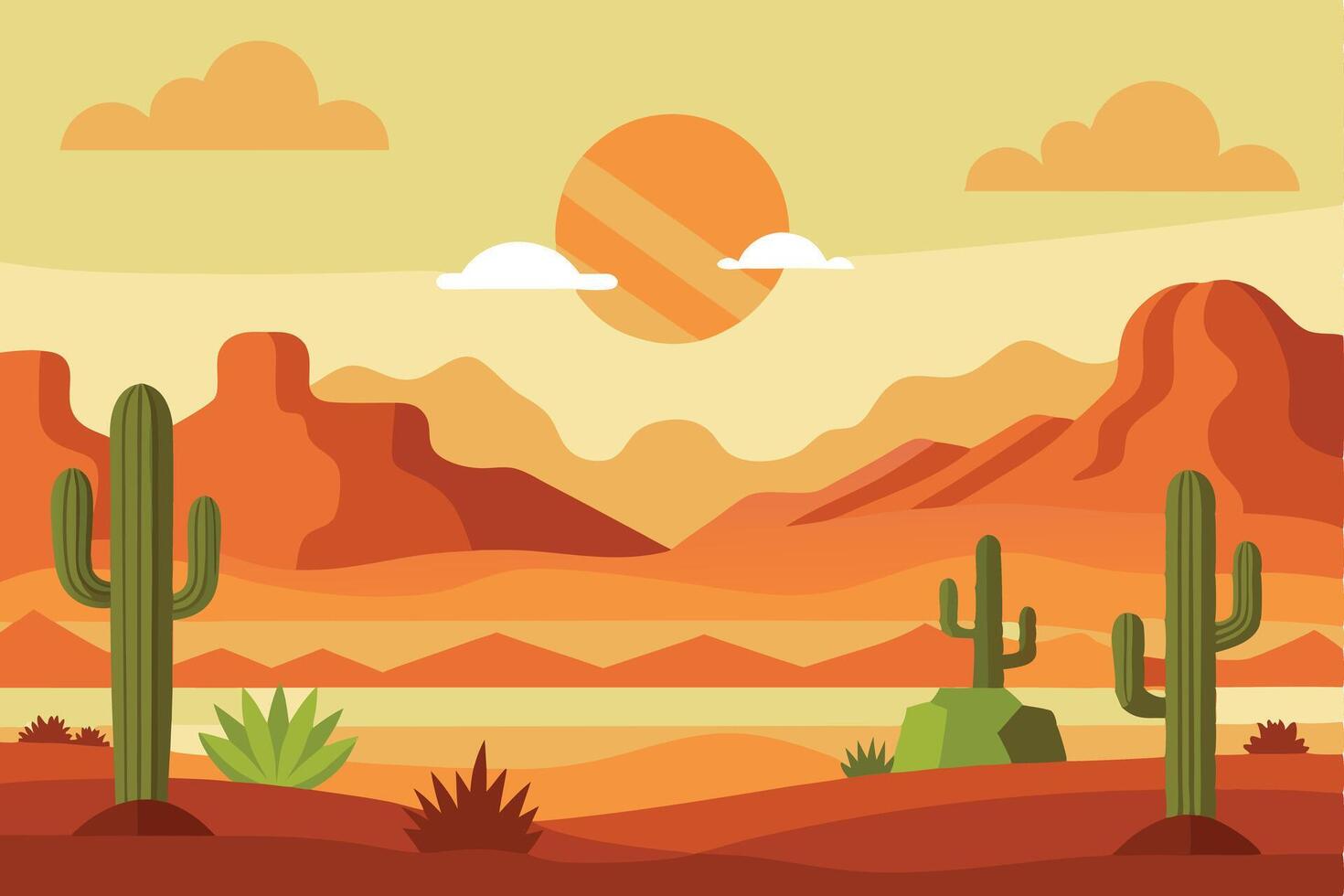 Flat Desert Landscape with Cacti and Mountains at Sunset vector