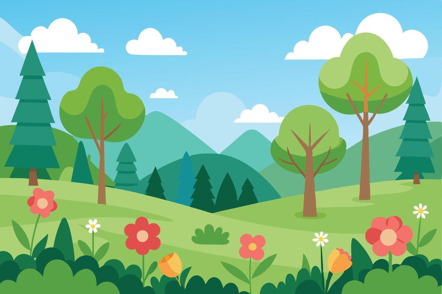 Colorful cartoon landscape of a sunny mountain meadow with flowers. vector