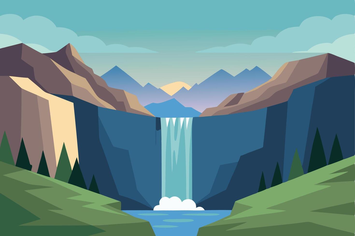 Colorful Flat Illustration of a Majestic Waterfall Cascading Down Mountainous Terrain vector