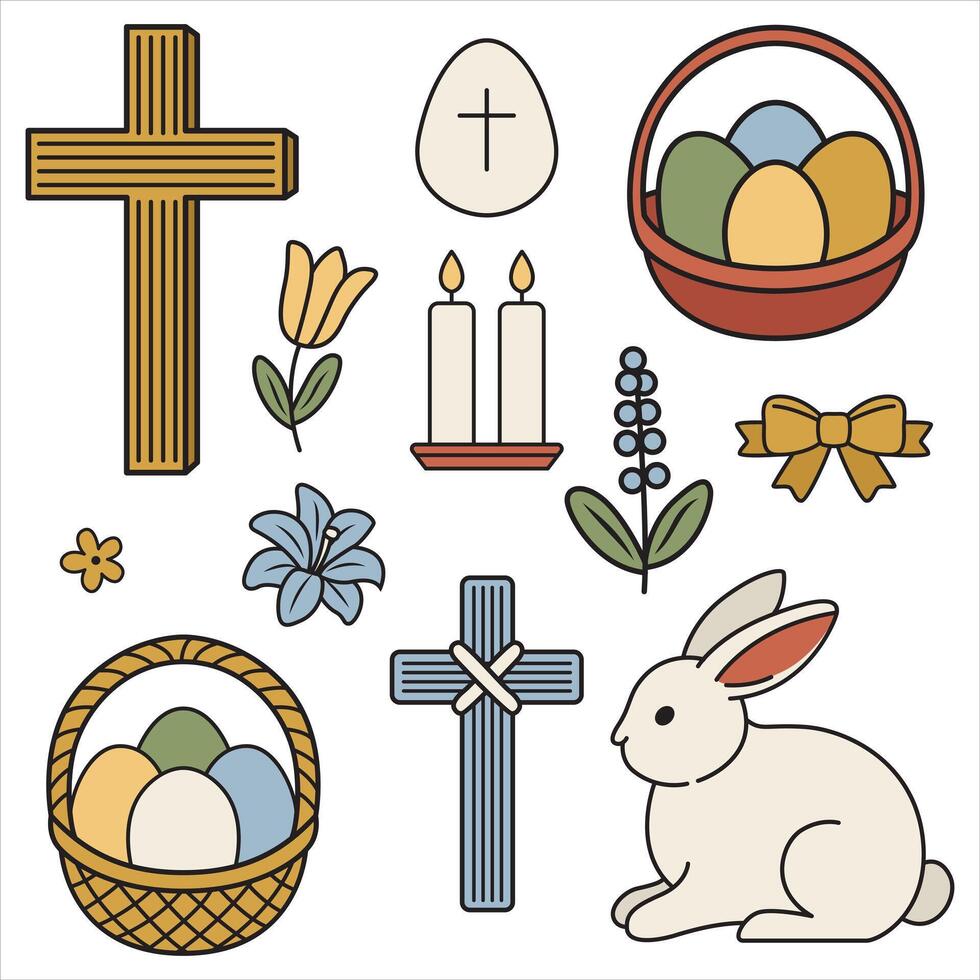 Charming Easter illustration set with a soft, nostalgic feel. Perfect for spring-themed projects, holiday cards, and designs that celebrate renewal, faith, and joy. vector