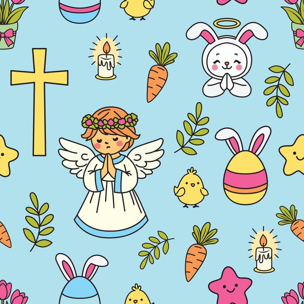 Seamless Easter pattern with praying angels, cute bunnies, chicks, stars, and candles. A joyful spring design perfect for textiles, wrapping paper, and children projects. vector