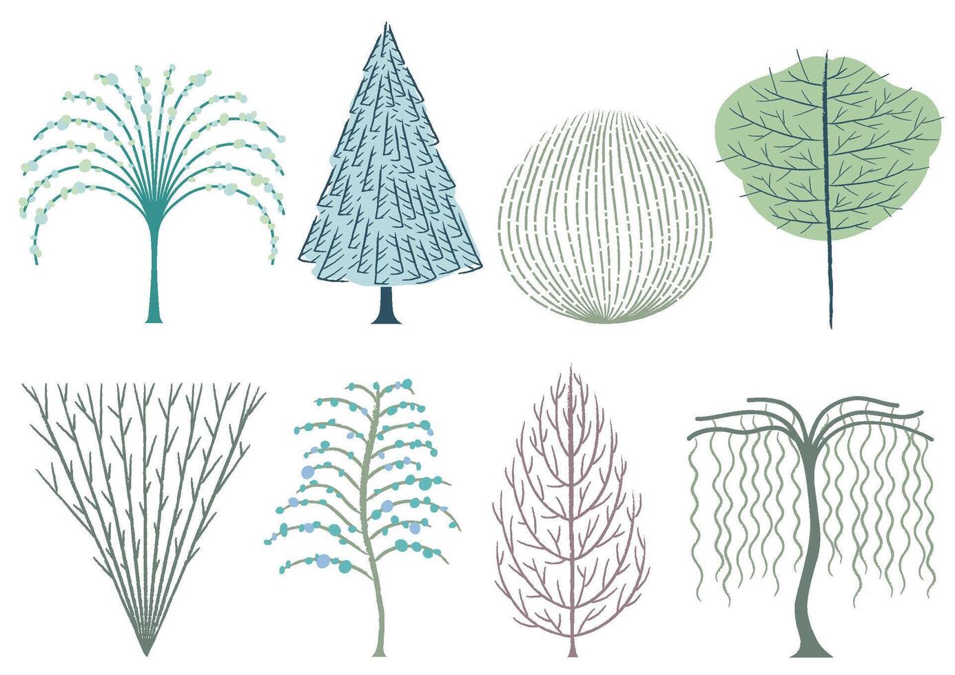 Artistic Style Tree Illustration Set Isolated On A White Background. vector
