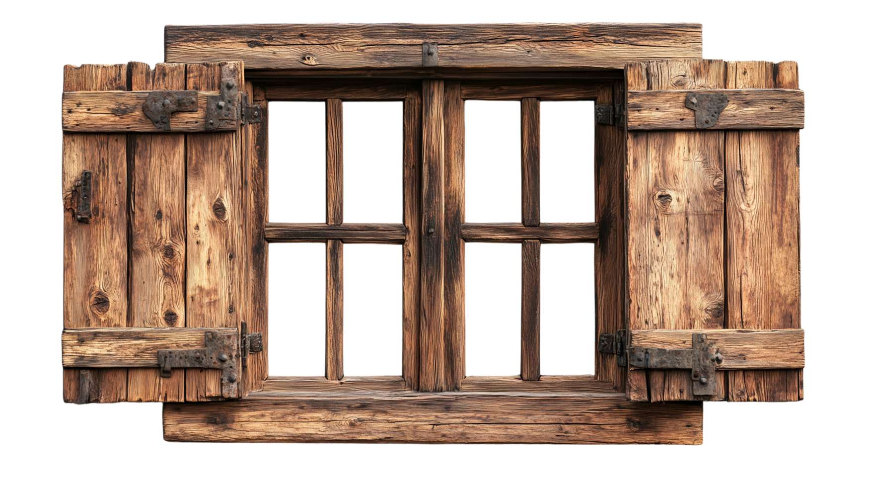 Rustic wooden window with classic shutters isolated on transparent background png