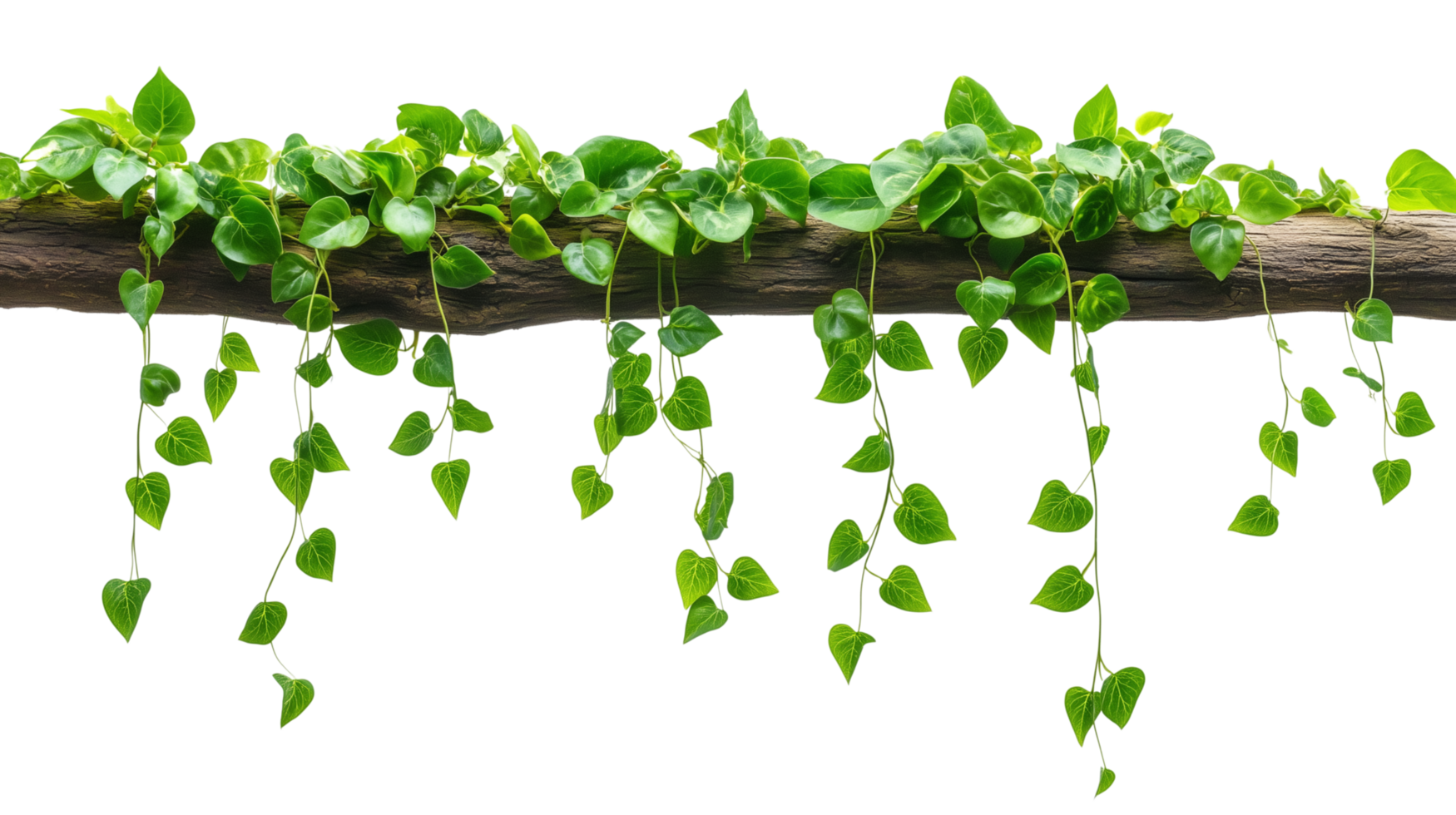 Lush green jungle vines on wooden branch isolated on transparent background png