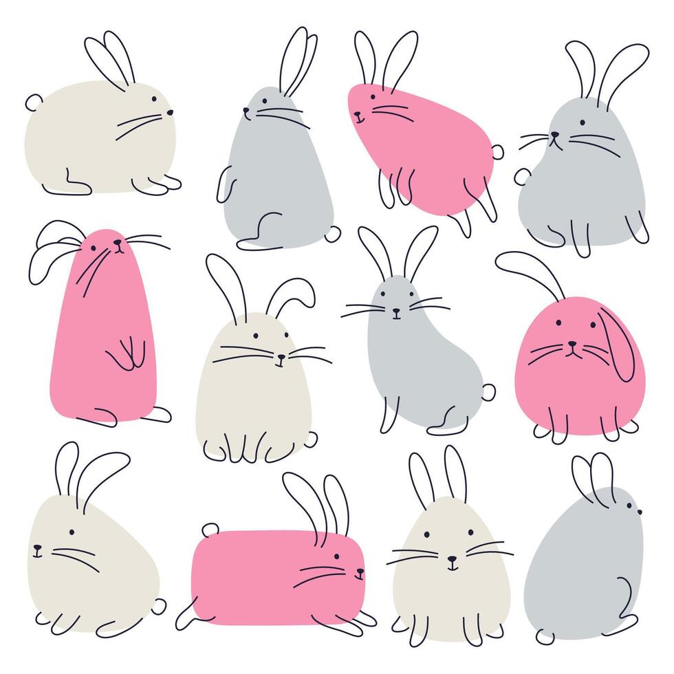 Set of minimalist illustrations of cute bunnies. Perfect for Easter and children's designs. vector