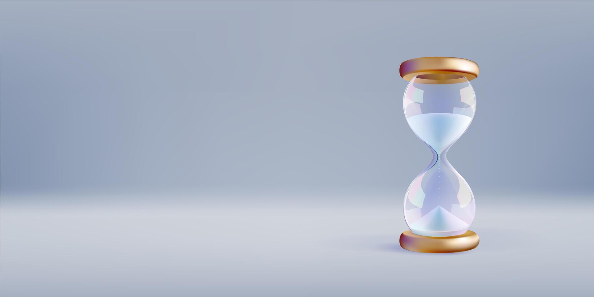3d white hourglass banner template. Time budget concept on grey background. Glass running clock, miss time. Shop hour period alarm countdown. transparent sandglass, minimal gold timer concept vector