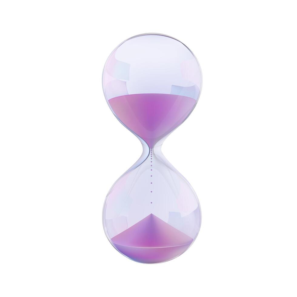 Pink sand hourglass, glass clock. Hour budget countdown watch. Transparent sandglass game 3d concept. Cute neon simple timer icon. Abstract realistic wait time icon. Classic urgent task, flowing time vector
