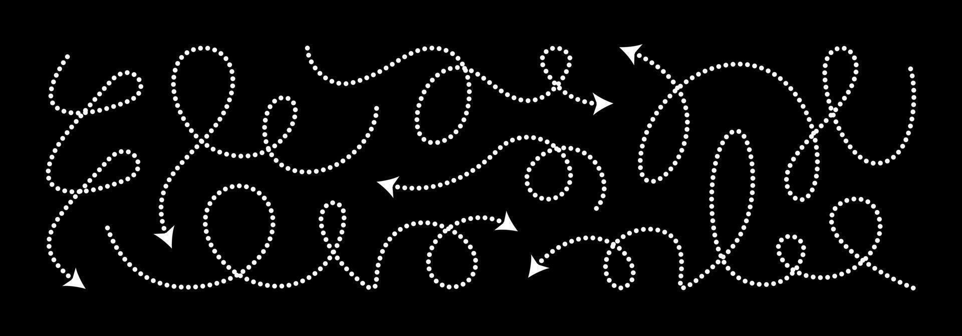 Squiggly dotted arrow, dashed curved line arow set. Rise and fall change plan, doodle shaped pointer map element. 3d dynamic curly direction loop scribble. Abstract long spiral waving chart vector