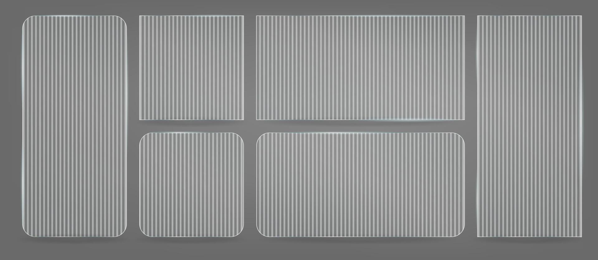 Plastic or plexiglass plates overlay. Textured for bath glass rectangular panel. Glossy square screen frame set. Realistic badge board effect. Vintage blurry repeat relief stand. vector