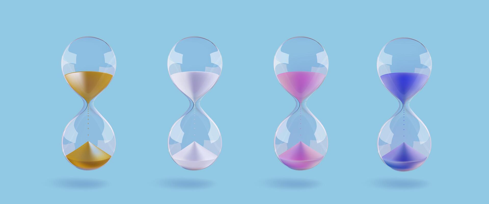 Sand clock hourglass, time flow watch in glass bulb. sandglass countdown. Budget timer 3d icon. Abstract realistic gold game deadline. Geometric flowing modern half passed period vector