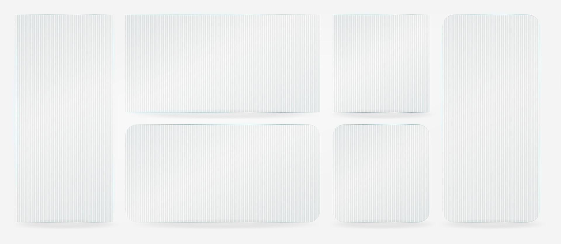 Ribbed glass effect, transparent plastic glossy card frame. Clear shiny textured square plate. Light window plexiglass mirror reflection sheet. Corrugated pattern gradient. 3d rectangular stand vector