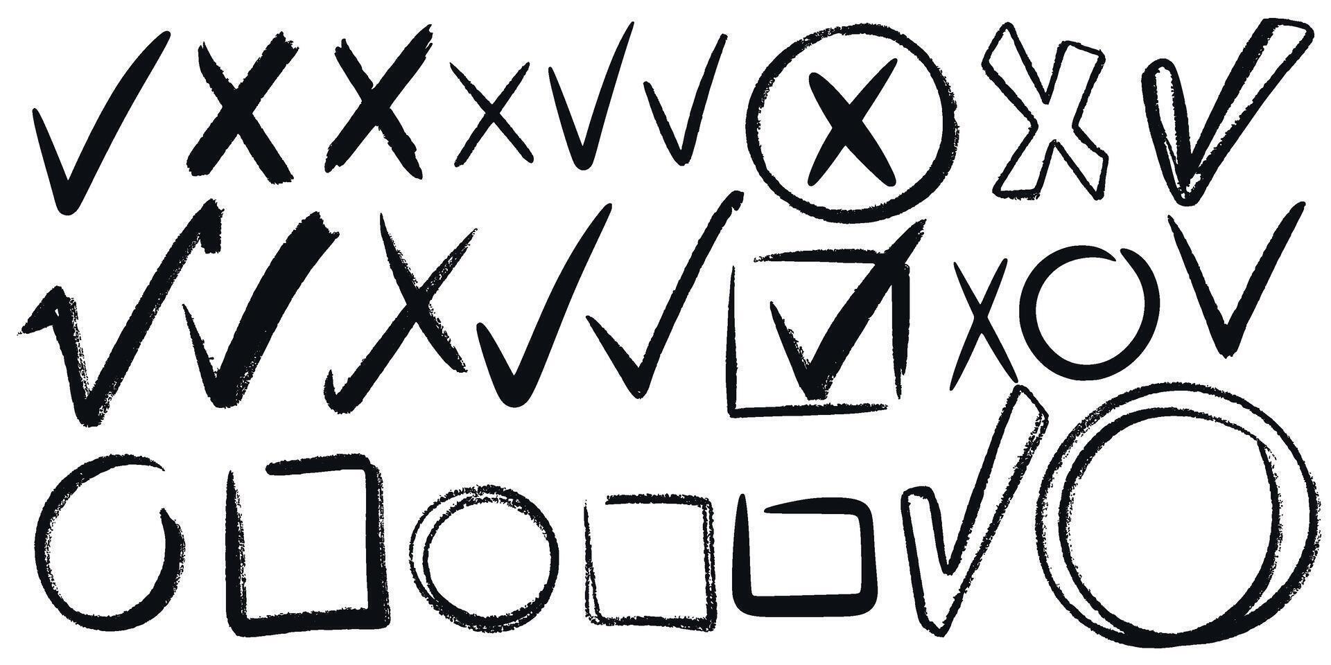 Check marks and labels doodle sketch style set vector